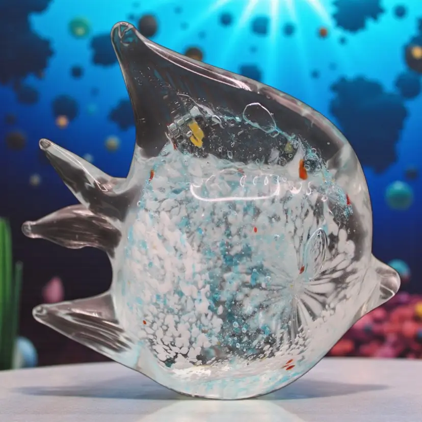 Teal Blue & White Speckled Art Glass Fish 3 1/2” Tall