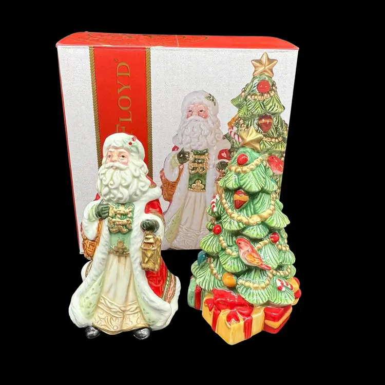 Fitz & Floyd Crimson Holiday Salt & Pepper Shaker Set Santa Christmas Tree