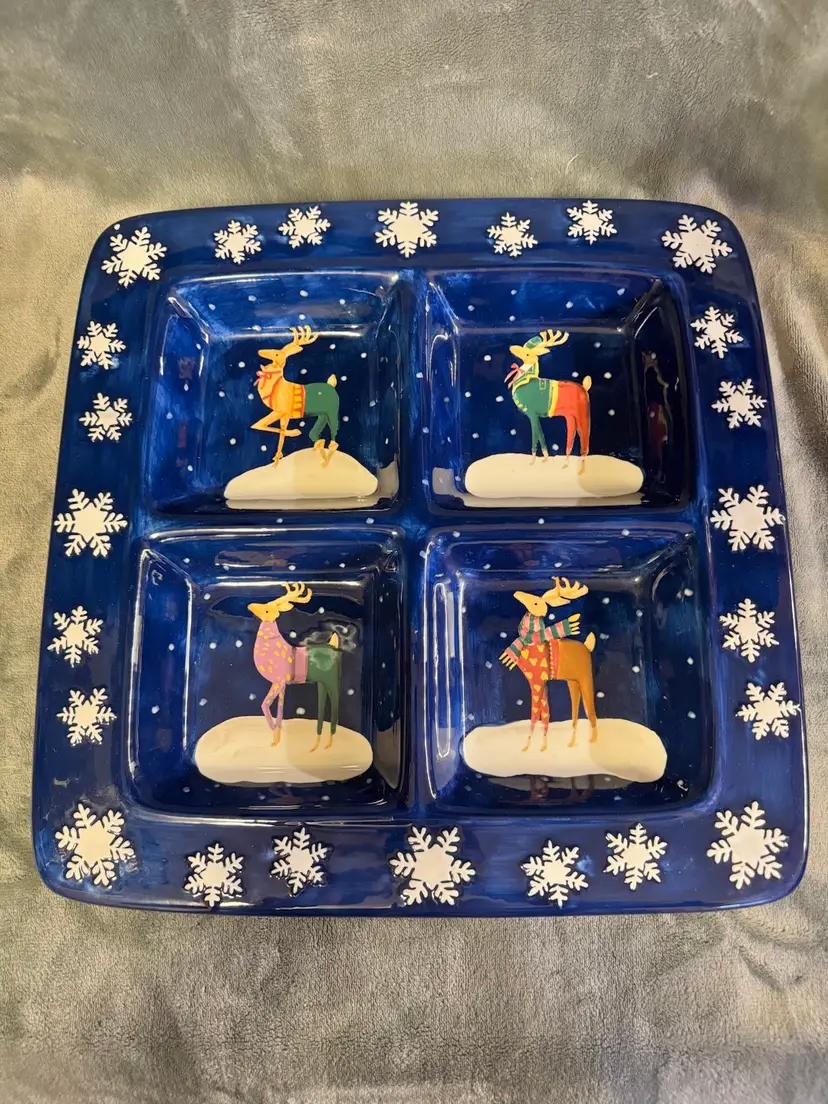 CIC Certified International Christmas Holiday Reindeer Blue Serving Platter Tray