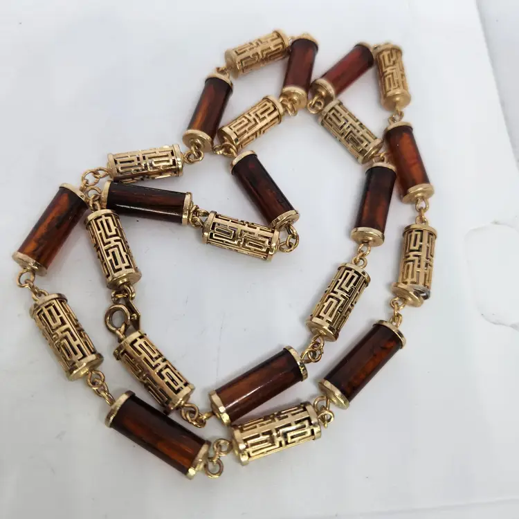 VTG Sarah Coventry Oriental Lantern Necklace Long Faux Tortoise Lucite Gold Tone