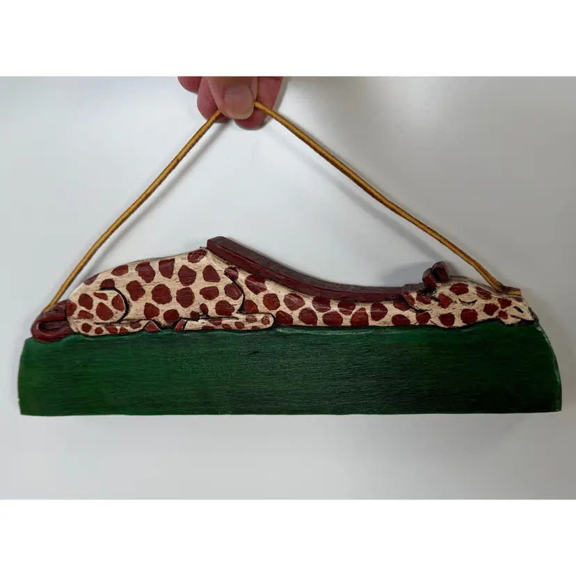 Vintage Hand Made Painted Sleeping Giraffe Signed J Burdette 1995 Wooden Wall Hanging