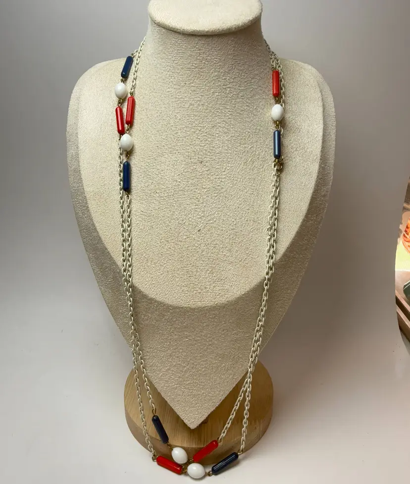 Vintage 54" Red White & Blue Patriotic Beaded Station Necklace 1970s