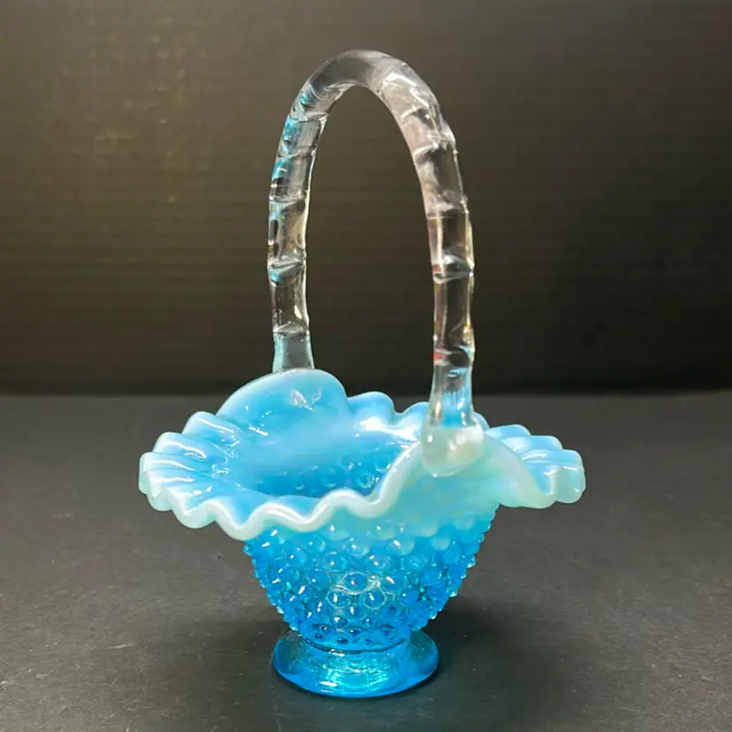 Fenton Small Blue Hobnail Opalescent Ruffled Basket Unmarked