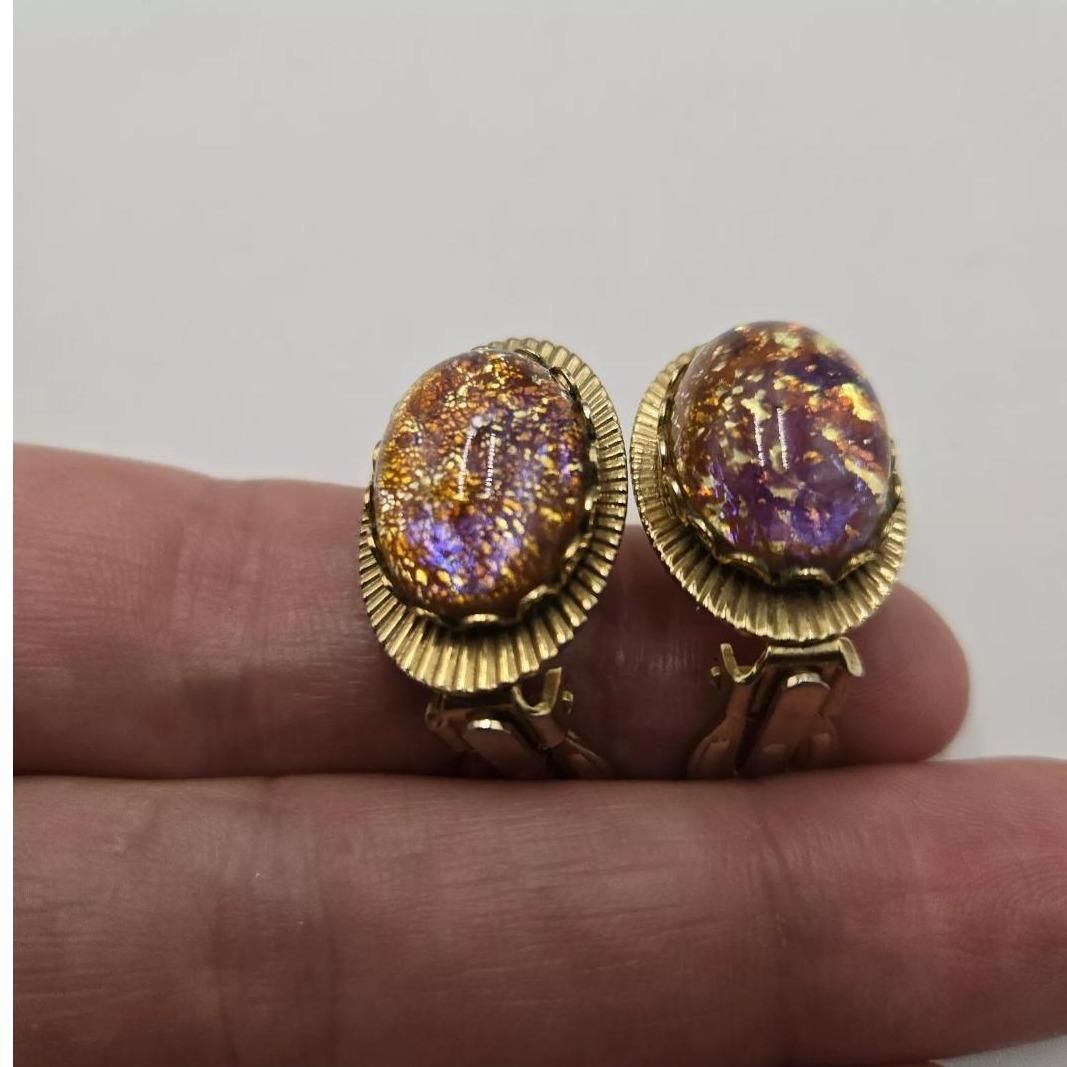 Vintage Dragon's Breath Stone Clip On Earrings Gold Tone