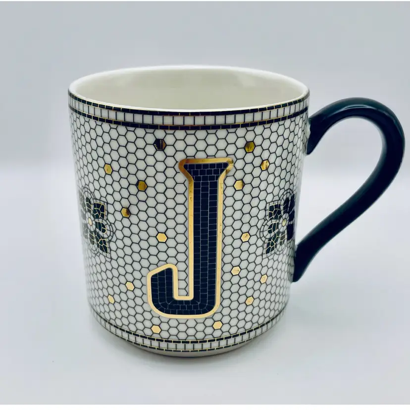 Anthropologie, Monogram “J” Mug, 15oz Bistro Tile, Black/Gold, Coffee/Tea Cup