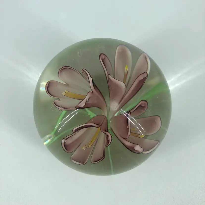 Hand-Blown Art Glass Purple Flowers Paperweight