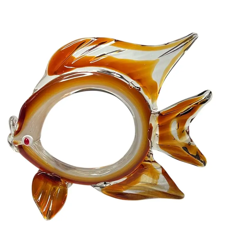 Stunning & Unique Art Glass Hand Blown Circular Amber & White Fish