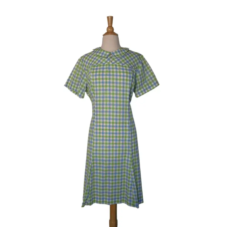 Vintage 60s Slubby Green Blue Check Volup Shift Dress