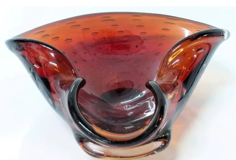 MCM Murano Archimede Seguso Blown Amberina Art Glass Bowl/Trinket Dish with Controlled Bubbles - 7.25 x 9 x 3 Inches