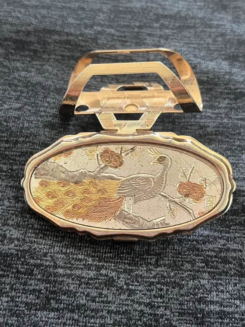 Vintage Japan Peacock Lipstick Case Etched Enamel Metal Art Signed With Mirror MCM