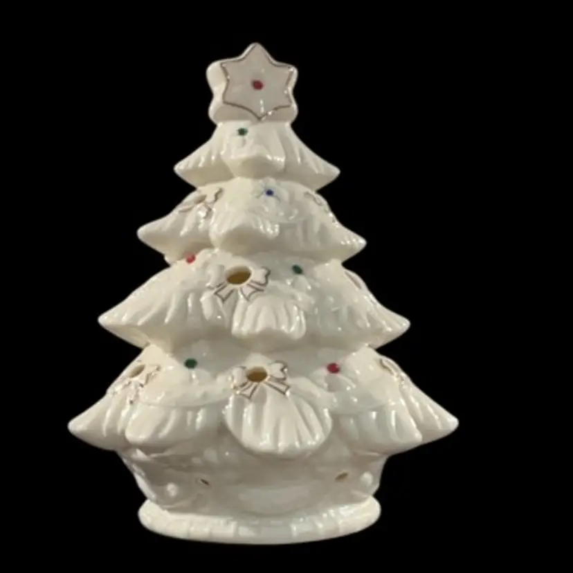 **White Ceramic Contemporary Christmas Rhinestone Tree Candle Luminary 7.5”