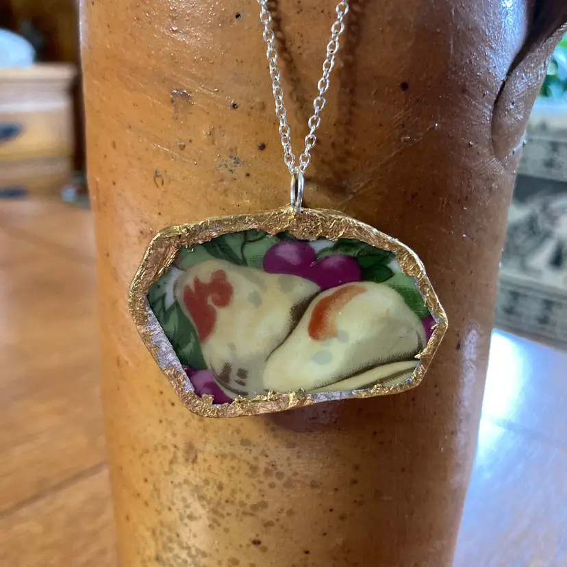 Broken Pottery Artisan Made Pear Pendant Fruit Plate Handcrafted Necklace 2 in x 1.25 in