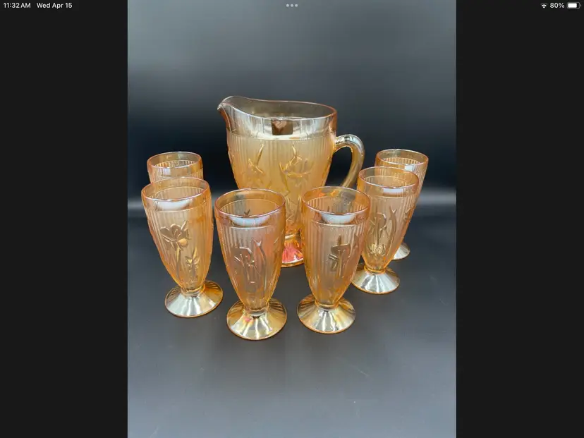 Vintage Jeanette Marigolds Iris & Herribone Pitcher with 6 Glasses