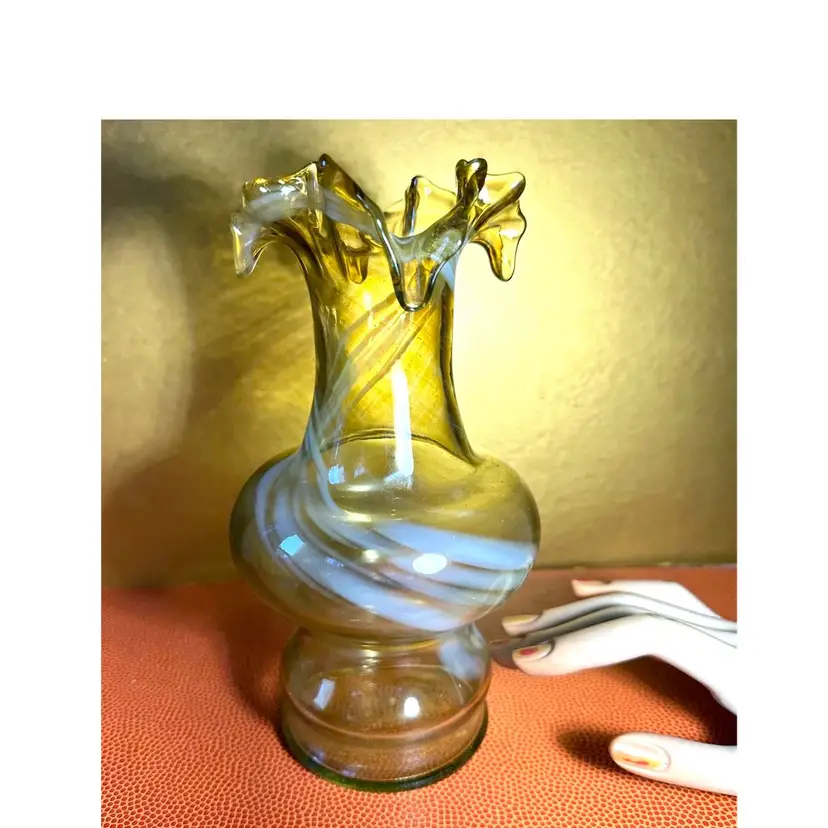 Vintage Art Glass Greenish Yellow With White Swirl 9”Ruffled Top