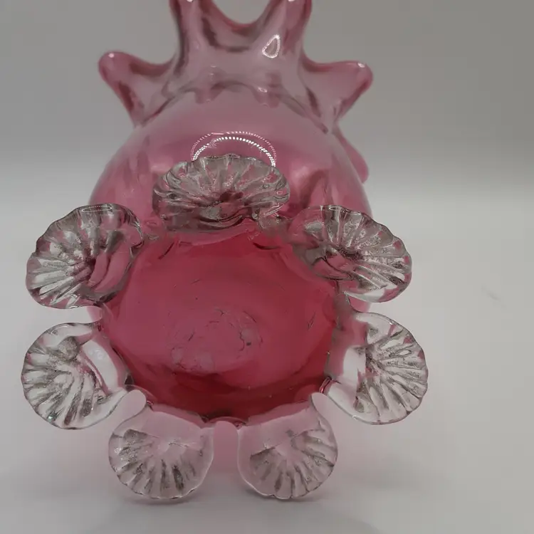 Vintage Pilgrim Glass Cranberry Vase with Ruffled top Edge, Clear Applied Feet, Hand Blown