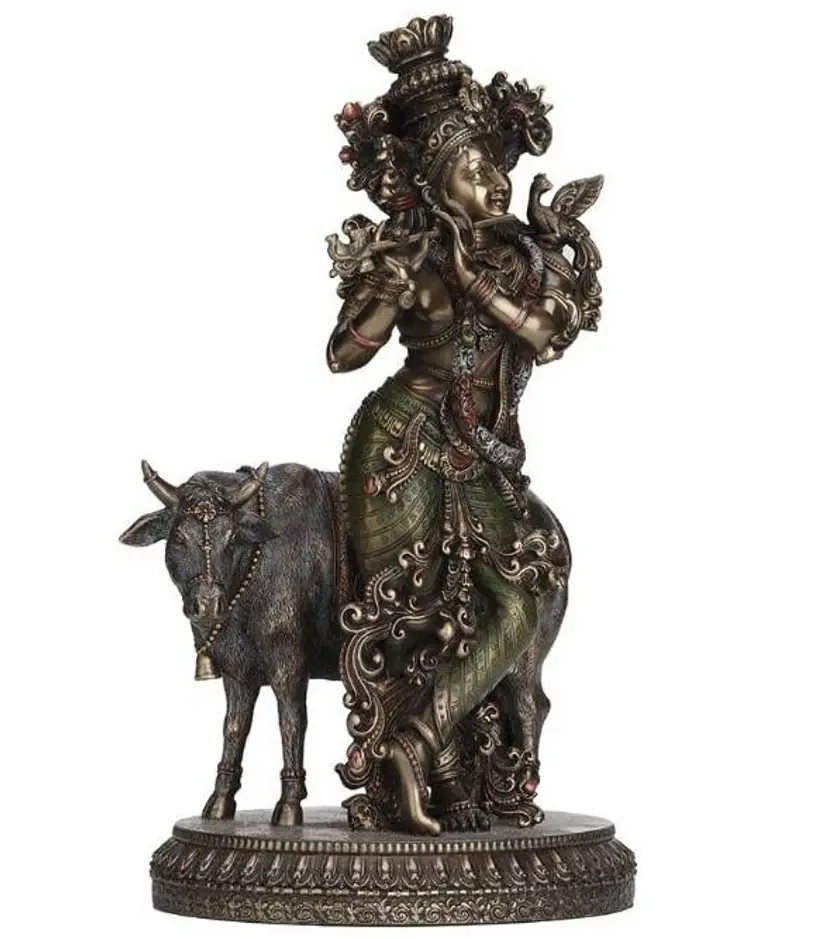 Krishna & The Cow Statue Veronese Design Studio Bronze Finish Hindu Deity