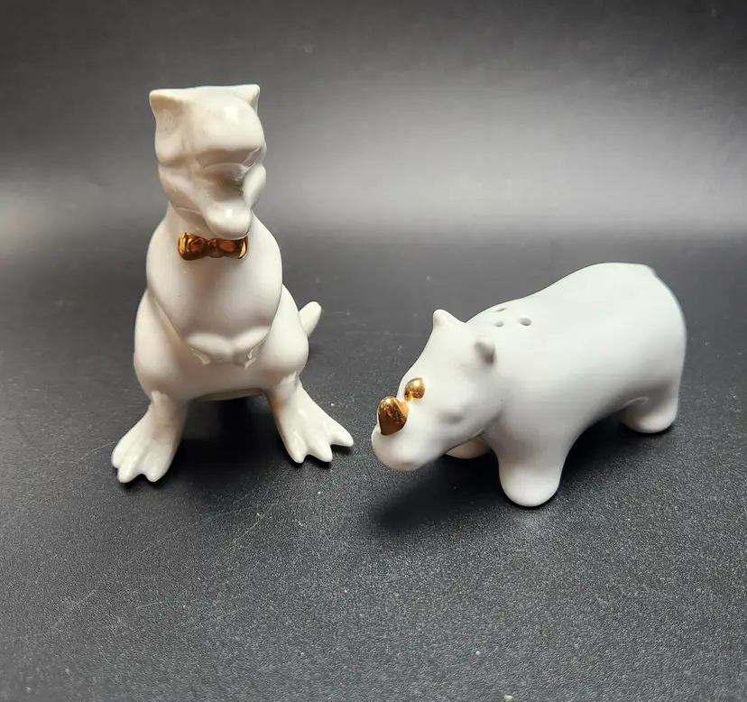 Dinosaur Salt and Pepper Shakers - White with Gold Trim