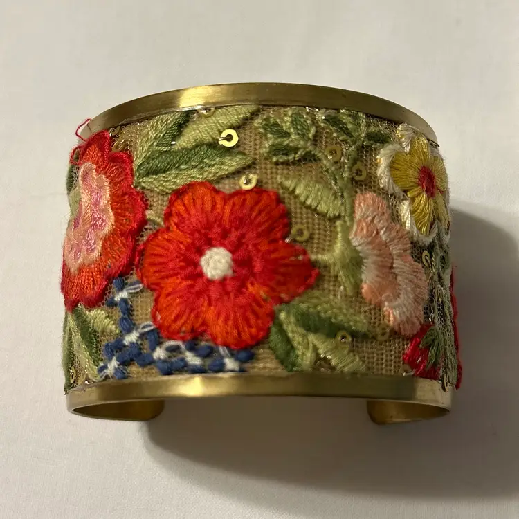 Vintage Handmade Gold Tone Embroidered Floral Cuff Bracelet