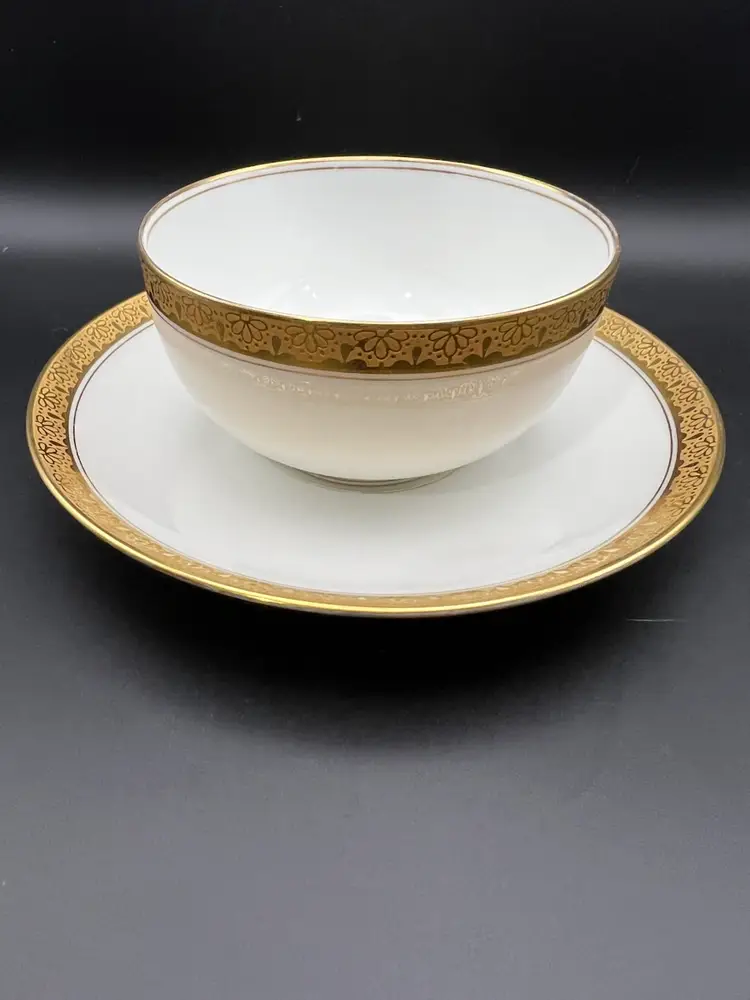 Pair Of Antique Charles Ahrenfeldt Limoges Cups And Saucers White 22kt Gold Trim