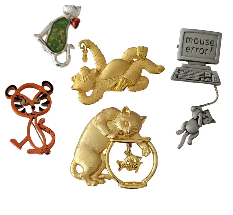 Lot Of 5 Assorted Cat Pin Brooches, E656