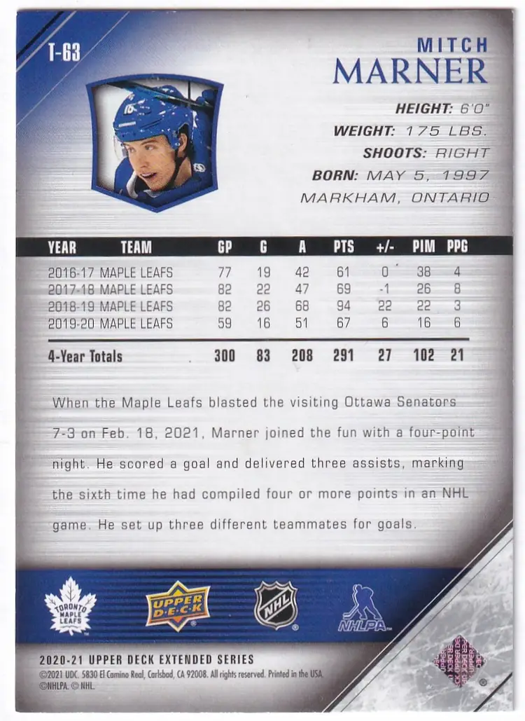 2020-21 Upper Deck '05-06 Upper Deck Tribute #T63 Mitch Marner Toronto Maple Leafs Hockey Card