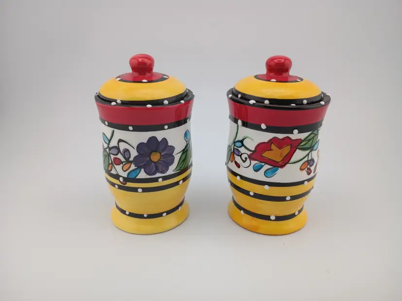 Pr of handpainted ceramic spice jars