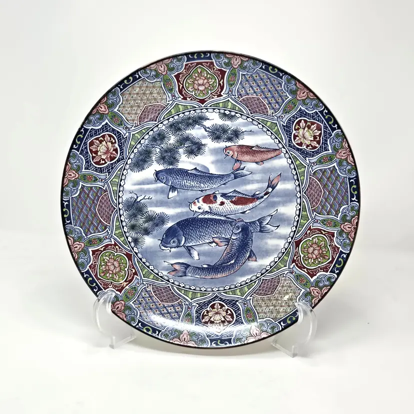 Japanese Koi Imari Charger – Large Vintage Kutani Style Plate – Hand Painted Carp & Pine Tree – Wall Decor – 1980s Porcelain