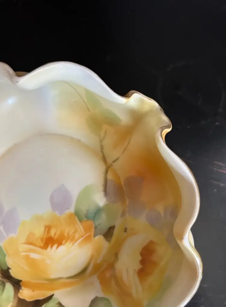 Vtg Nippon Hand Painted Yellow Rose Nut Dish Pinched Gold Rim Japanese