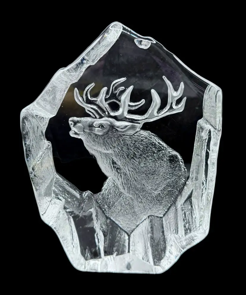 Signed Mats Jonasson 3605 Crystal Glass Paperweight Stag Bull Elk Deer 6.25”