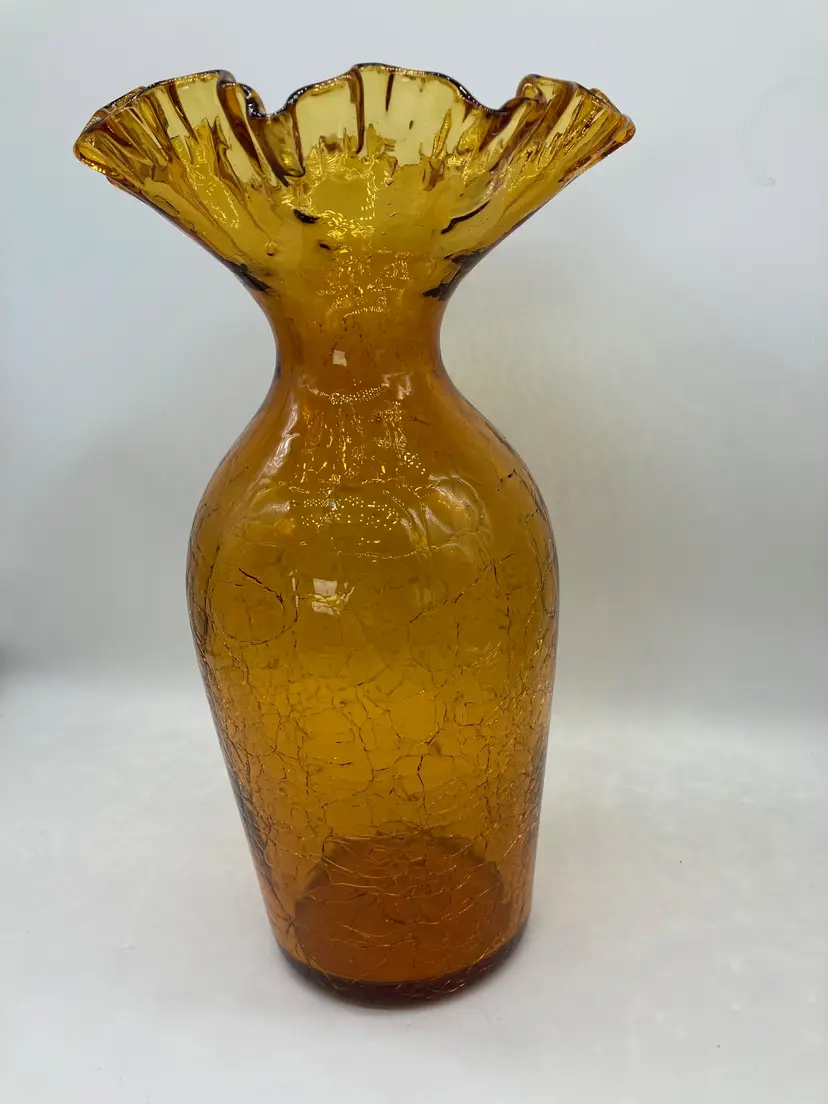 Large Amber Ruffle Top Crackle Glass Vase