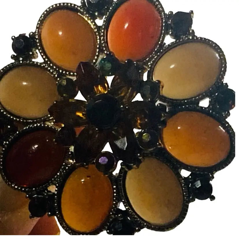 Vintage Multi Color Stone Brown Gold Tone Round Flower Or Star Pin Brooch Pendant 2”