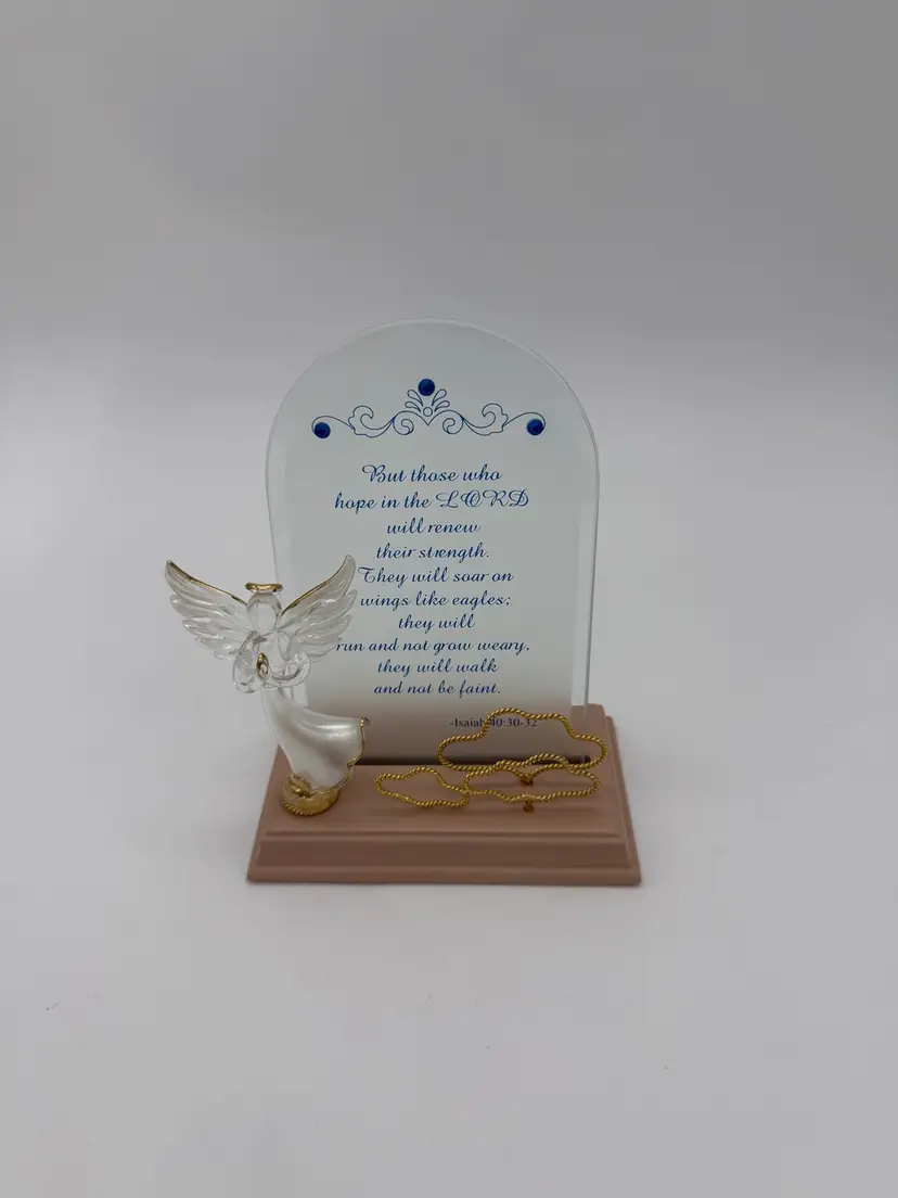 Vtg. Desktop Business Card Holder 2 Pcs. Hand Blown Art Glass Angel Gold Accent