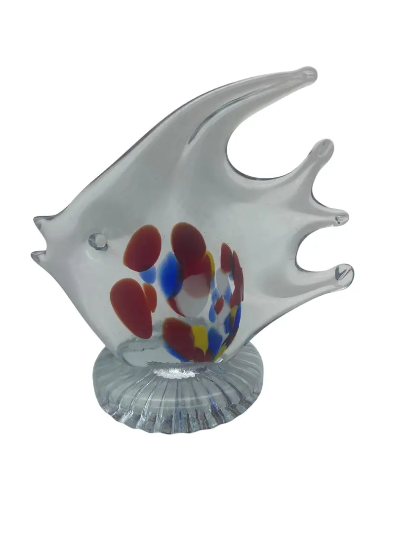 Vintage Clear Art Glass Fish Paperweight Multicolored Spots 5" Beach Decor