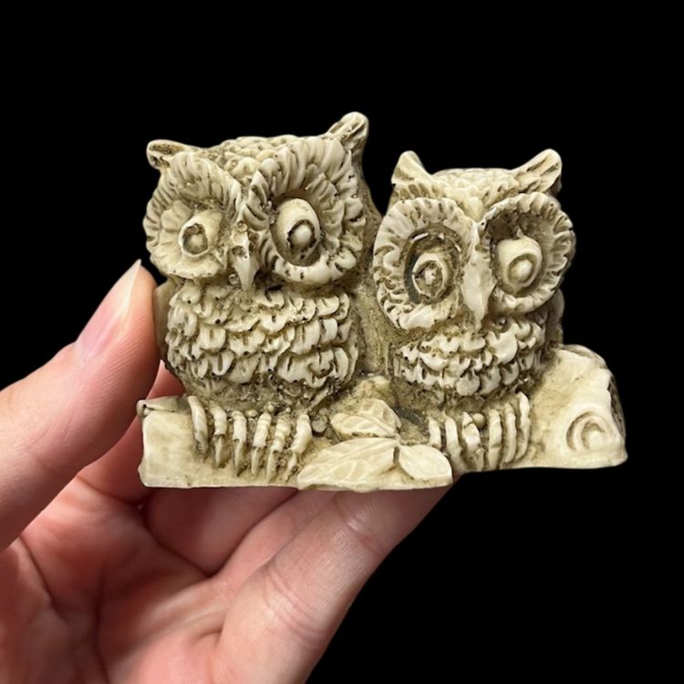 Made In Mexico Resin Owl Pair On Branch Figurine, Two Owls On A Log Miniature Figurine
