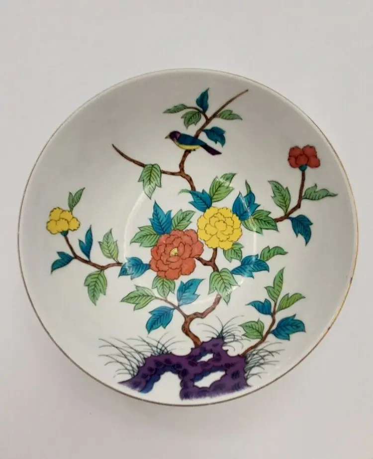 Vintage Enesco Chinoiserie Beautiful Porcelain Bowl Colorful Bird and Flowers