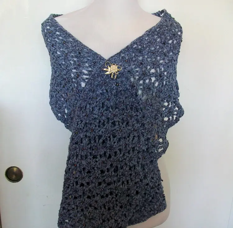 #01 Hand Crochet Soft Blue Chenille Beaded Lace Shawl Wrap 10" x 62"