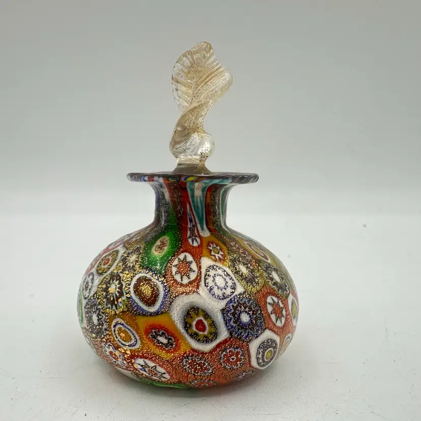 Murano Millefiori Aventurine Art Glass Perfume Bottle Gold Leaf Stopper