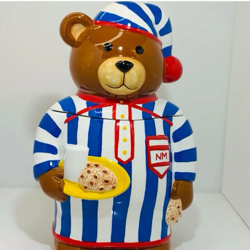 1 Neiman Marcus Cookie Jar Vintage 1997 Teddy Bear in Pajamas Cookie Jar With Toothpaste And Toothbrush In His Back Pocket Has The Cutest Monogrammed Front Pocket NM For Neumann Marcus