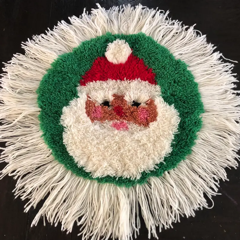 Vintage 1970s Handmade Latch Hook Santa Claus Rug
