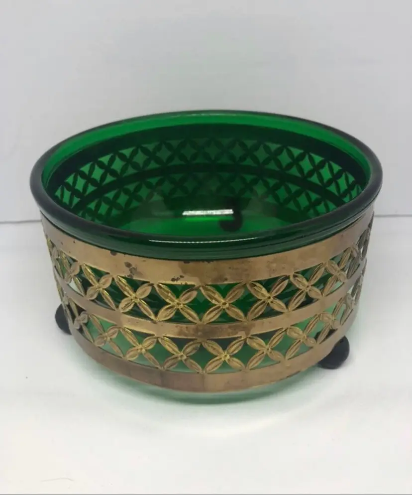 Mid-Century Modern Anchor Hocking Brass Open Lattice Footed Trinket Dish