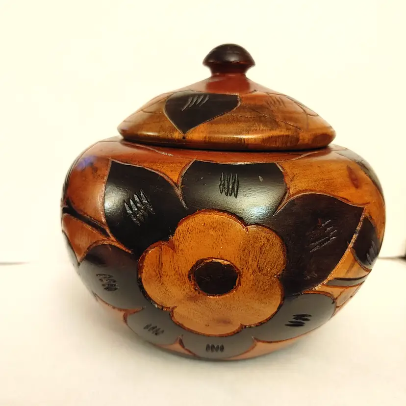 Hand carved Wooden Lidded Bowl with lid. 7 inches high.