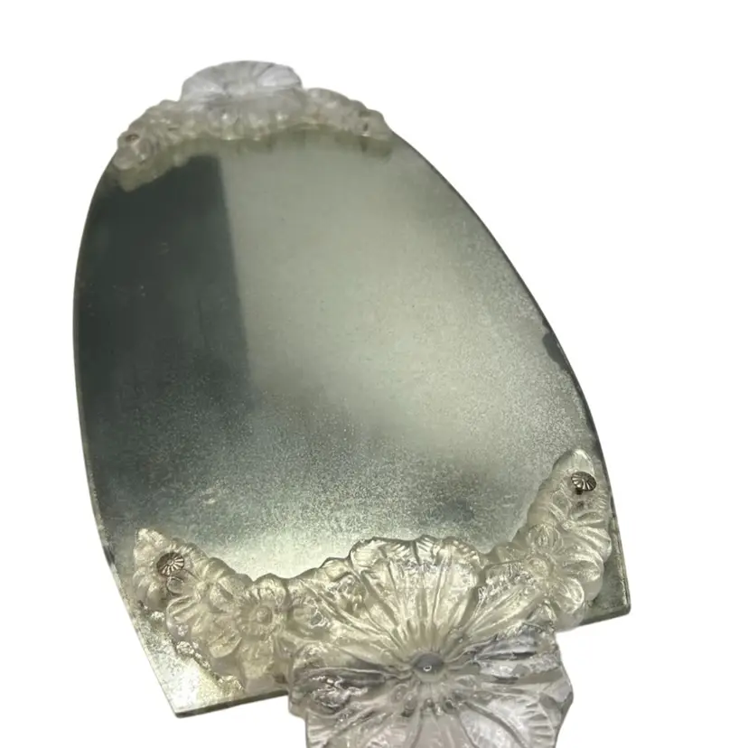 Vintage Mirrored Vanity Tray Cut Clear Glass Flower Ends Hollywood Regency Much Wear On Mirror @ 19x 8 1/2 Brads Need Tightened Felt Back