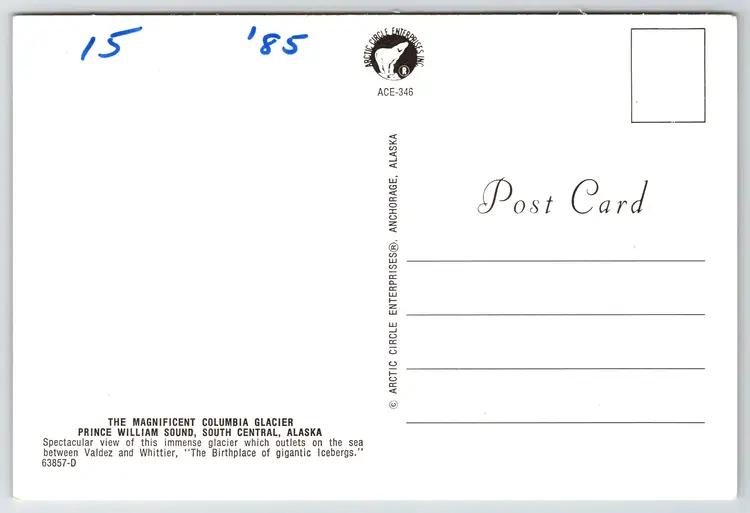 Postcard Magnificent Columbia Glacier Alaska Glaciology Prince William Sound