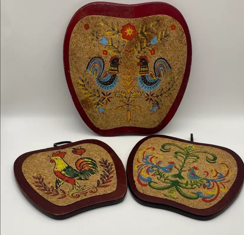 Vintage, Set of 3, PA Dutch Style, Wood & Cork Trivets, Apple/Rooster Design
