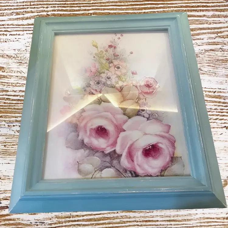 Made By Me Upcycled Spring Floral Blue Pink Hand Painted Frame Framed Wall Art French Country, CottageCore Decor Chateaucore