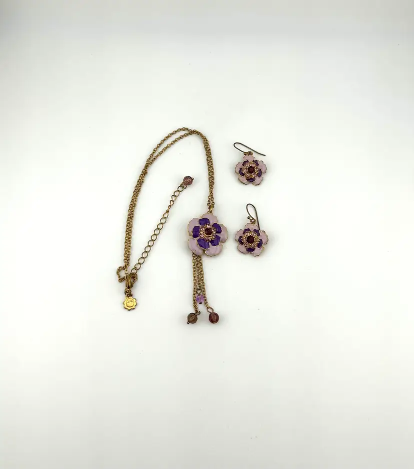 Vintage Gold Tone Purple Enamel and Rhinestone Flower Necklace and Pierced Earring Set