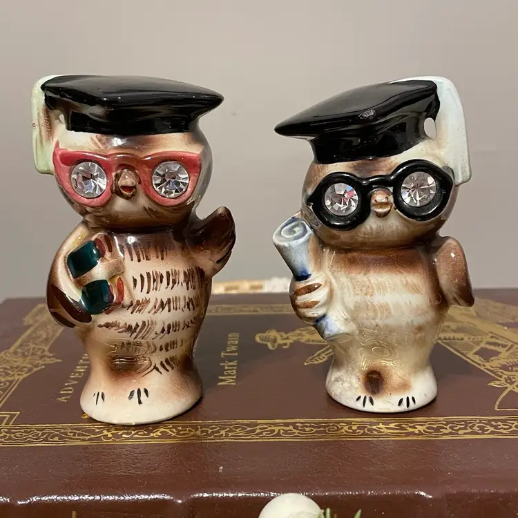 Vintage Lefton Owl Crystal Eye Kitsch Salt and Pepper Shakers