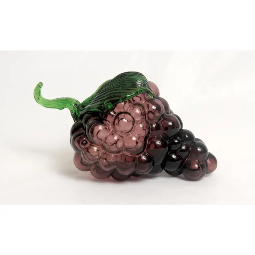Art Glass Blown Purple Grape Cluster Applied Green Stem Leaf