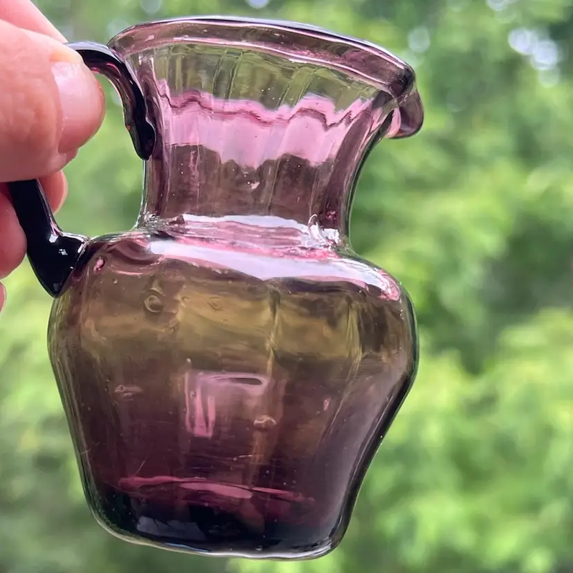 Miniature Mini 3” Amethyst Purple Art Glass Pitcher Individual Creamer Ribbed Optic Applied Handle