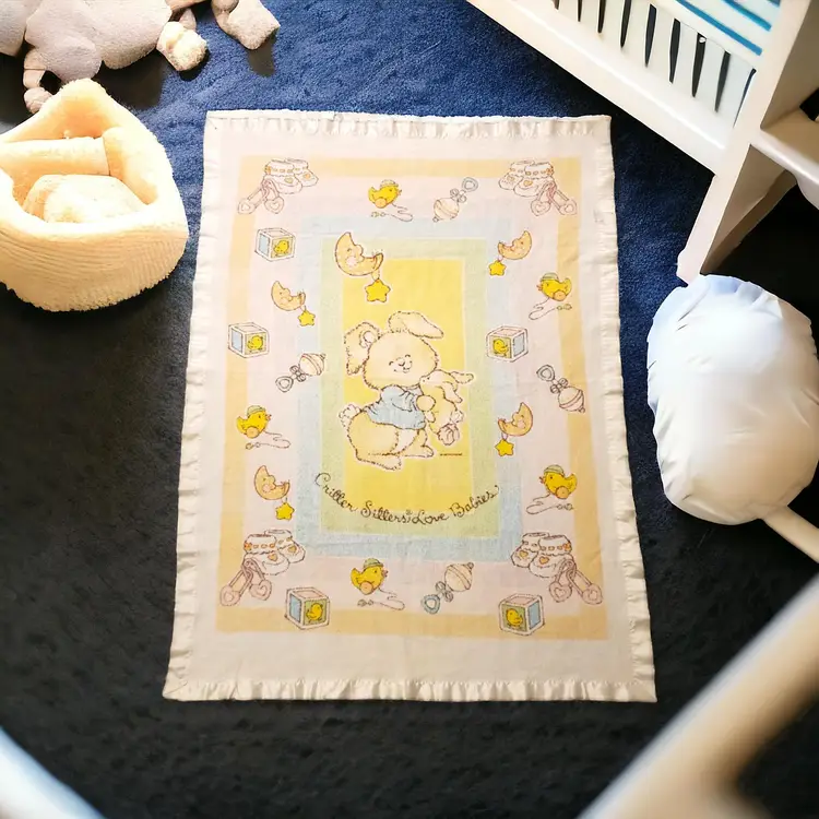 Vintage White Riegel Baby Blanket with Soft Trim Critter Sitters Love Babies